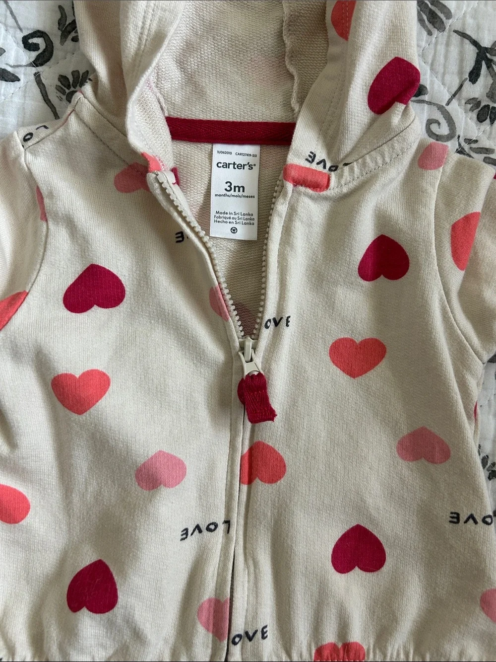 Carter's Cream Heart Print Hoodie & Pants with Red Onesie